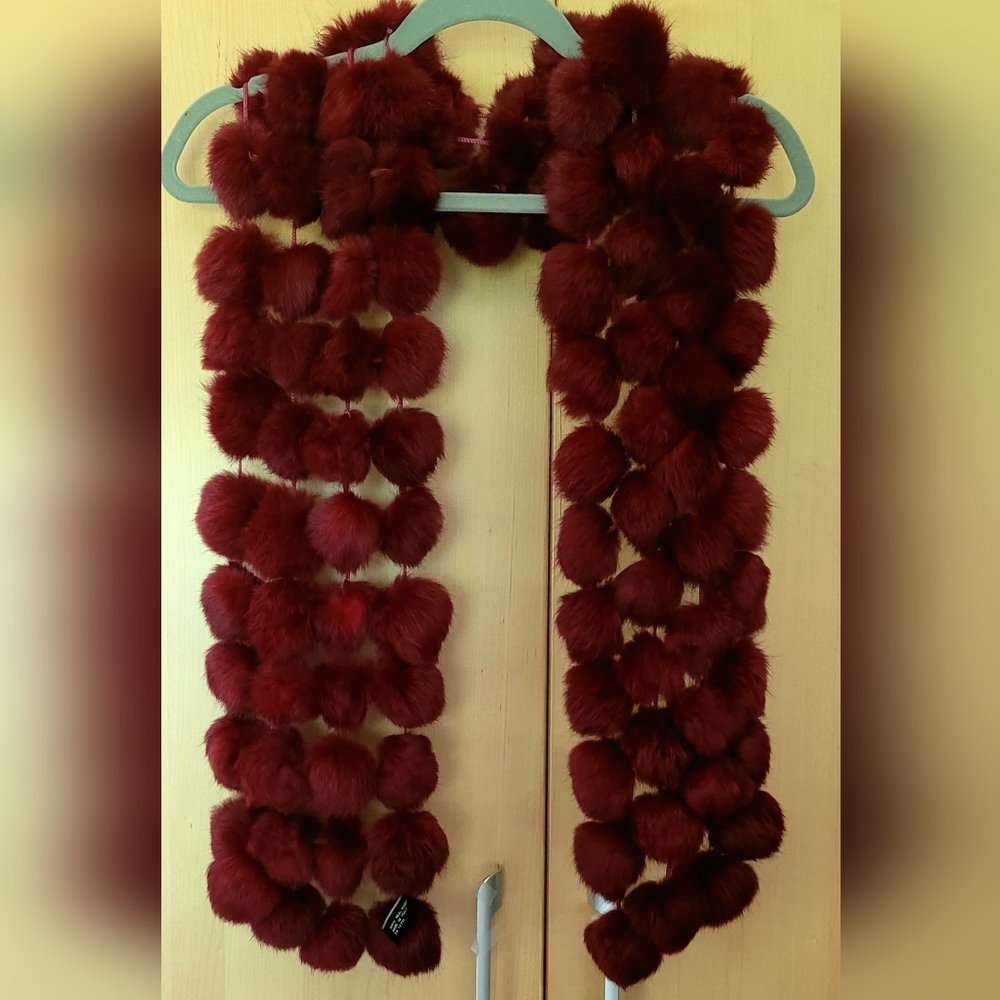Valerie Stevens Burgundy Fur Pom Pom Scarf, Italian